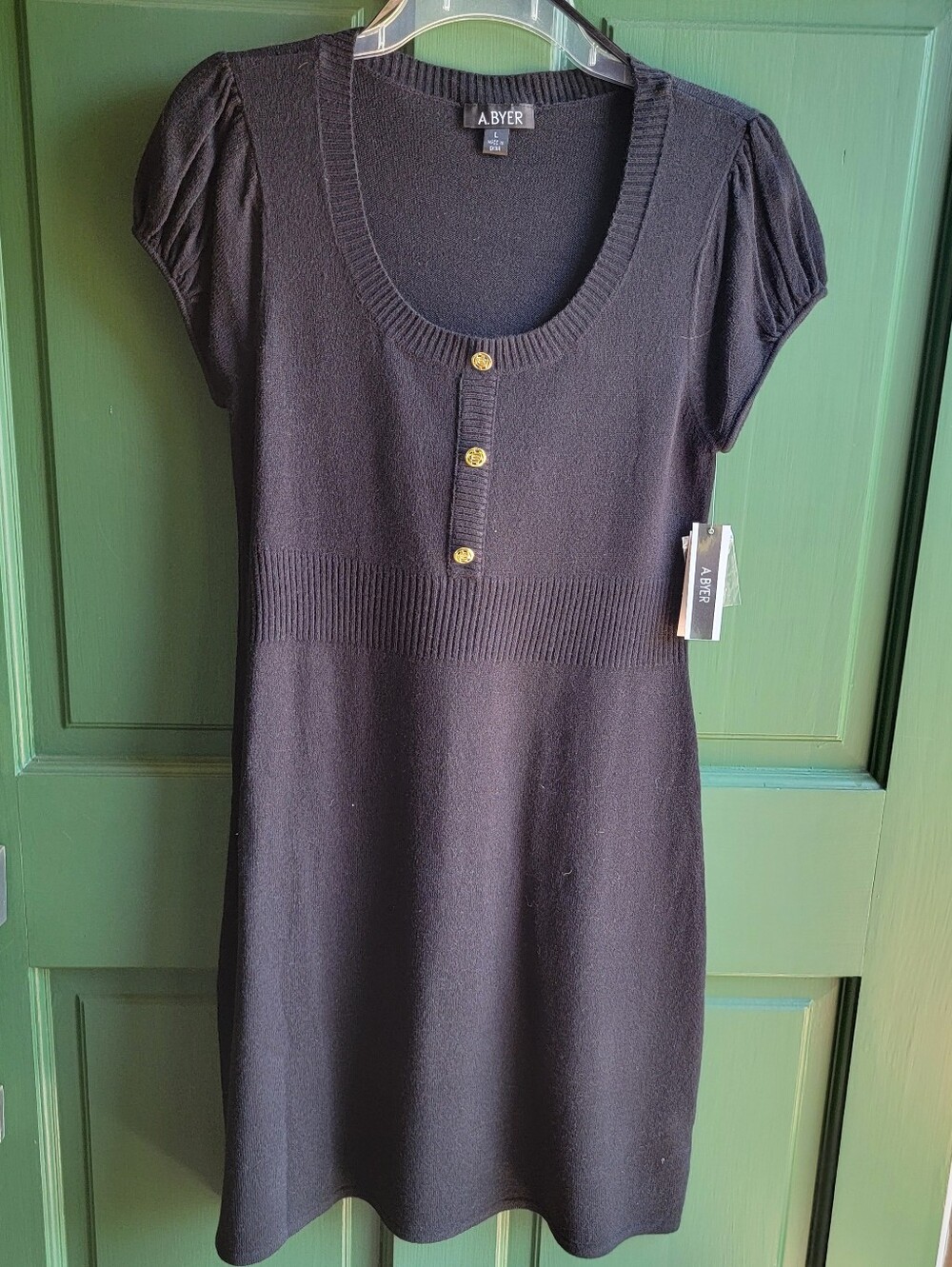 A. Byer Black Knit Scoop Neck Dress with Gold Buttons
